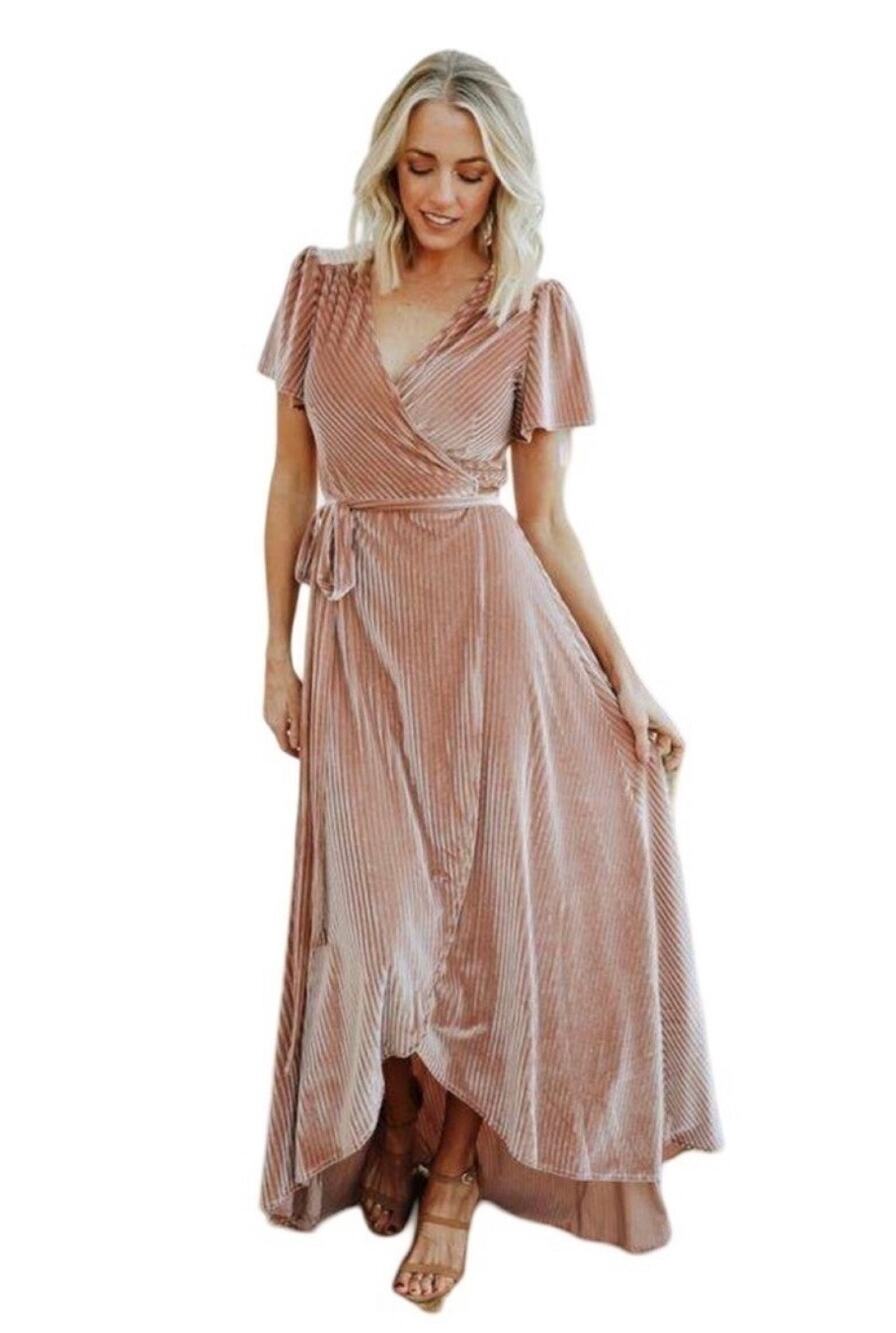 Baltic Born Andi Ribbed Velvet Wrap Maxi Dress Women's Lg Champagne Bridesmaid